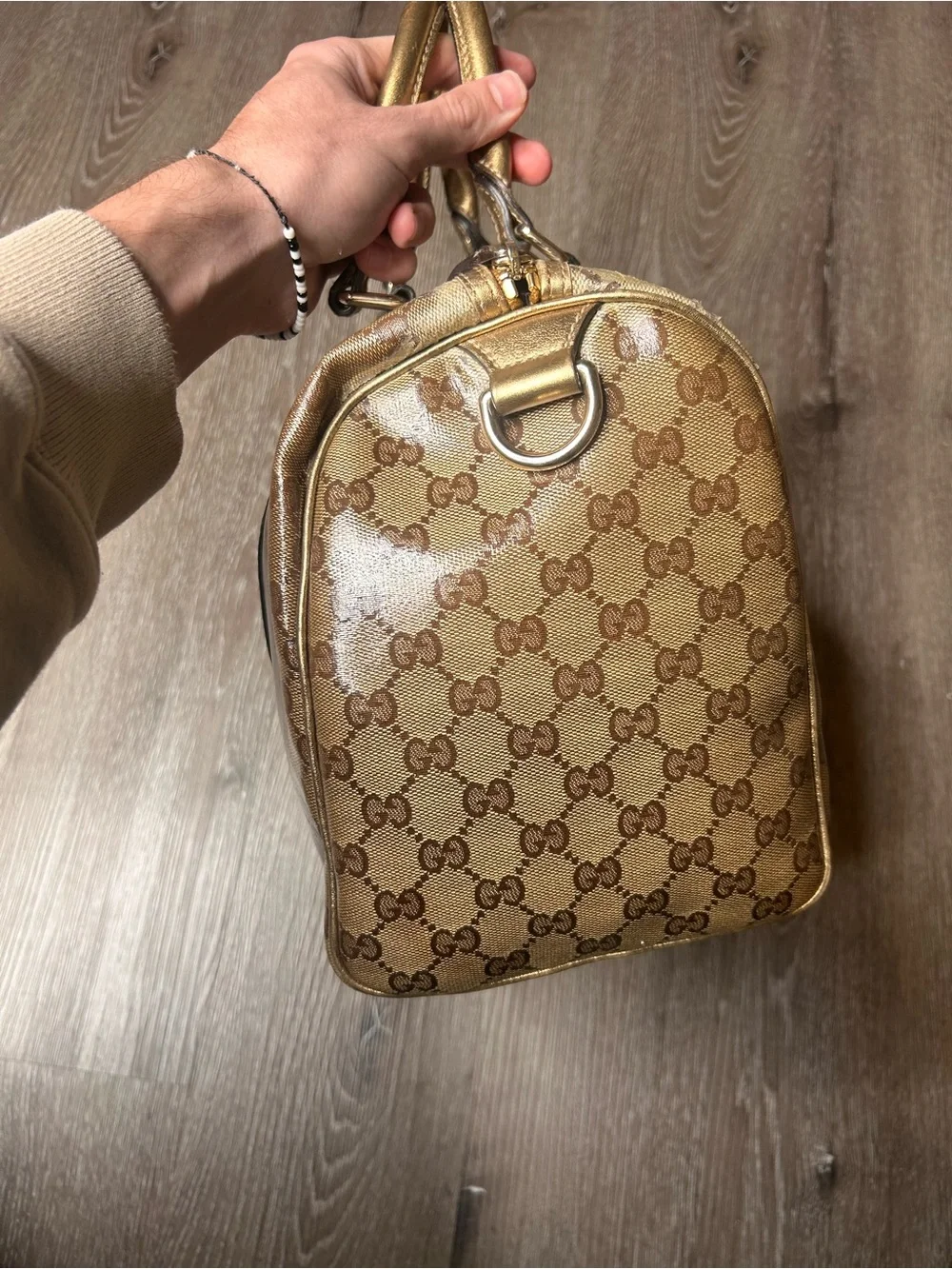 Gucci Crystal Top Handle Brown Beige GG Monogram Satchel with Gold Trim